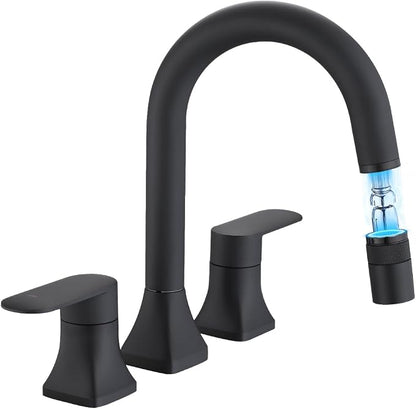 Bathroom Faucet 3 Hole with Pull Out Sprayer, 8 Inch Widespread Bathroom Faucet, Magnetic Pull Out Faucet for Easy to Use, Matte Black (with Pop-up Drain)