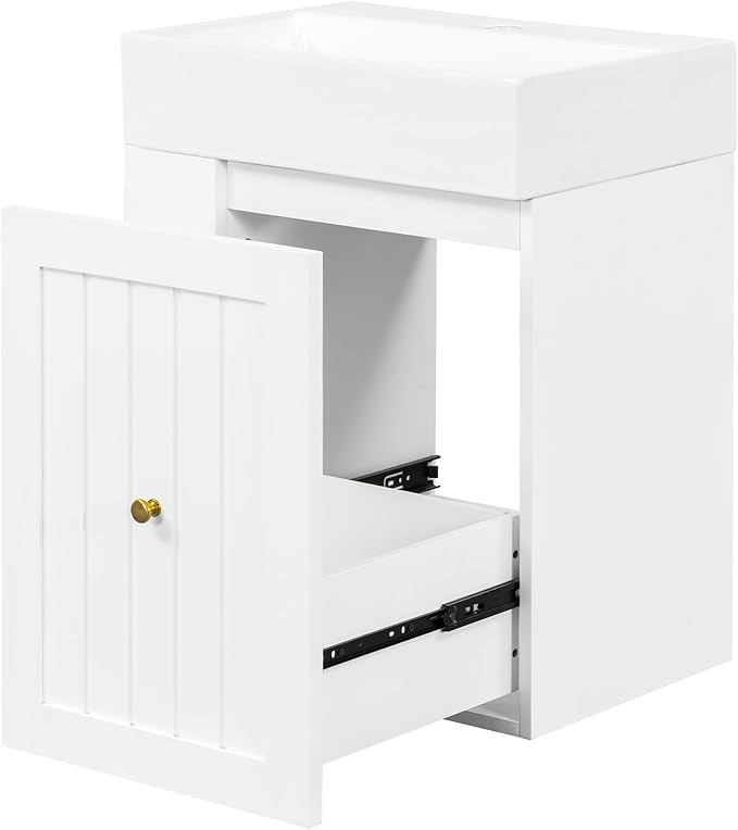 Harper & Bright Designs 20" Bathroom Vanity with Sink, Wall-Mounted Single Basin Vanity Set with One Drawer & Two-Tier Left Side Storage Shelf, Storage Cabinet with Ceramic Basin for Bathroom, White