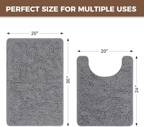 Bcoimo U Shaped Bath Rug Mat Set,2 Piece Chenille Gray Toilet Bathroom Rugs