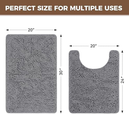 Bcoimo U Shaped Bath Rug Mat Set,2 Piece Chenille Gray Toilet Bathroom Rugs