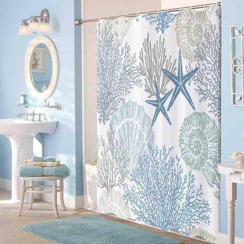 Nautical Coastal Shower Curtain, Blue Ocean Beach Seashell Starfish Themed Bathroom Curtain Waterproof Fabric Machine Washable with Hooks, 36" Wx72 L