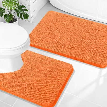 OLANLY Chenille Bathroom Rugs Mats Sets 2 Piece, 30"x20"+24"x20", Orange