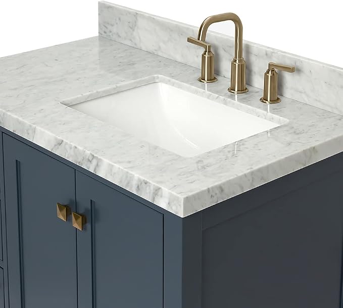 ARIEL Cambridge 36-inch Bathroom Vanity with Sink,Solid Wood, 1.5-inch Italian Carrara Marble Countertop, Single Rectangular Porcelain Sink, 2 Soft Closing Doors, 5 Dovetail Drawers, Midnight Blue