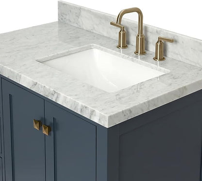ARIEL Cambridge 36-inch Bathroom Vanity with Sink,Solid Wood, 1.5-inch Italian Carrara Marble Countertop, Single Rectangular Porcelain Sink, 2 Soft Closing Doors, 5 Dovetail Drawers, Midnight Blue