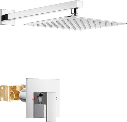 Airuida 10 Inch Chrome Polish Shower Faucet Set,Shower Valve Kit | Rainfall Shower Head and Handle Set,Female Thread Rough-in Valve Shower Kit,Single Function Shower System