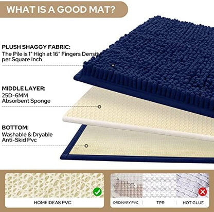 HOMEIDEAS Navy Blue Chenille Bathroom Rugs Set of 3, Non Slip Bath Mat