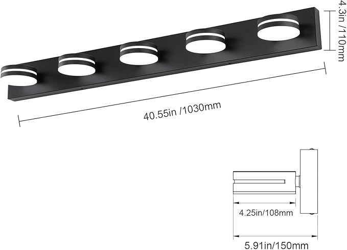 5-Light Bathroom Vanity Light, Modern LED Bathroom Light Fixture Over Mirror, Matte Black Bath Wall Lighting, Dimmable 5500K Vanity Lighting Fixture with 360°Rotable Head