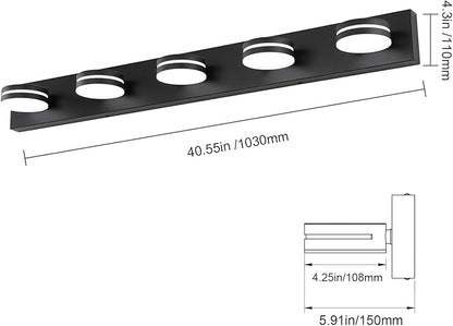 5-Light Bathroom Vanity Light, Modern LED Bathroom Light Fixture Over Mirror, Matte Black Bath Wall Lighting, Dimmable 5500K Vanity Lighting Fixture with 360°Rotable Head