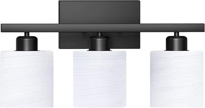 PARTPHONER Bathroom Light Fixtures, Bathroom Lighting Fixtures Over Mirror, Interior Classic Vanity Lights, Modern Vanity Light with Textured White Glass Shade, Matte Black, 3-Light