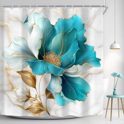 Teal Gold Marble Floral Turquoise Abstract Art Bathroom Shower Curtain Set