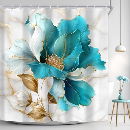 Teal Gold Marble Floral Turquoise Abstract Art Bathroom Shower Curtain Set