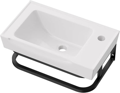 Lordear Wall Mounted Bathroom Sink with Towel Rack 20 x 11 Inch Modern Black Wall Hung Sink for ADA Bathrooms, Rectangular One Hole Porcelain Vanity Sinks