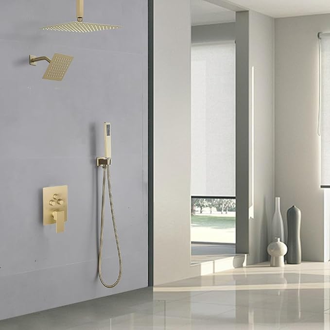 Shower Faucet Set Brushed Gold 12 Inch Ceiling Mount Rainfall Shower System with 2 Rain Shower Head and Handheld Head Push Button Diverter Shower Trim Kit and Rough-in Valve Body