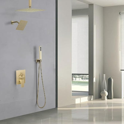 Shower Faucet Set Brushed Gold 12 Inch Ceiling Mount Rainfall Shower System with 2 Rain Shower Head and Handheld Head Push Button Diverter Shower Trim Kit and Rough-in Valve Body
