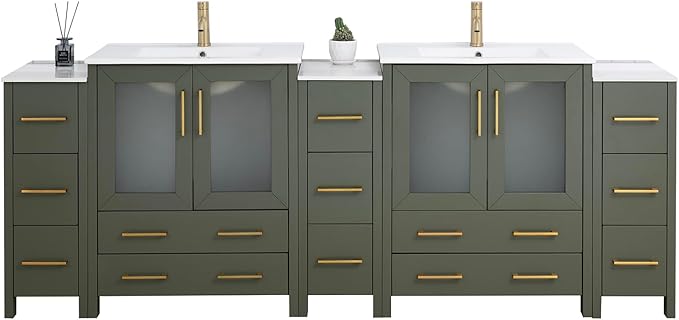 Vanity Art 96 Inch Under Mount Double Sink Bathroom Vanity Cabinet with 2 Mirrors, Ceramic Top Bathroom Cabinet Compact Set with 13 Dovetail Storage Drawers and Golden Brushed Handles, VA3030-96-VG