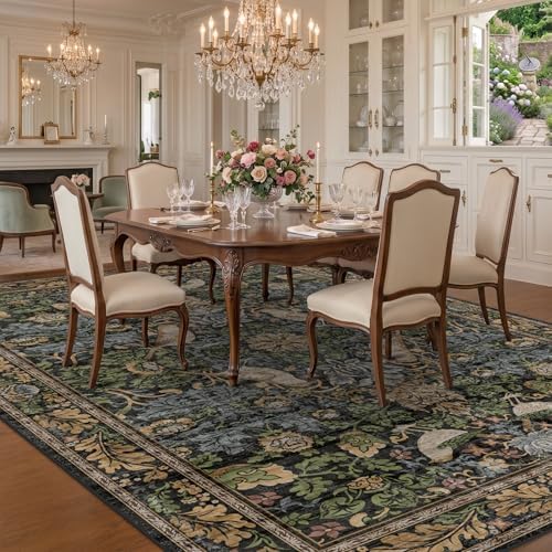Vintage 8x12 Area Rug for Living Room - Green Botanical & Bird Patterned Rugs for Dining Room Rugs, Bedroom Under Bed, Traditional Cottage Brown and Green Décor, Washable Non Slip Foldable Carpet
