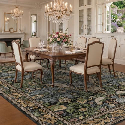 Vintage 8x12 Area Rug for Living Room - Green Botanical & Bird Patterned Rugs for Dining Room Rugs, Bedroom Under Bed, Traditional Cottage Brown and Green Décor, Washable Non Slip Foldable Carpet