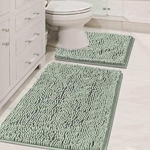 H.VERSAILTEX Original Luxury Chenille Bathroom Rug Mat (32" x 20"/20" x 20"), Extra Soft & Absorbent Shaggy Rugs, Machine Wash/Dry, Perfect Plush Carpet Mats for Tub (Curved Set, Sage)