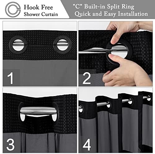 Gibelle No Hook Cloth Black Shower Curtain with Liner, 72x80