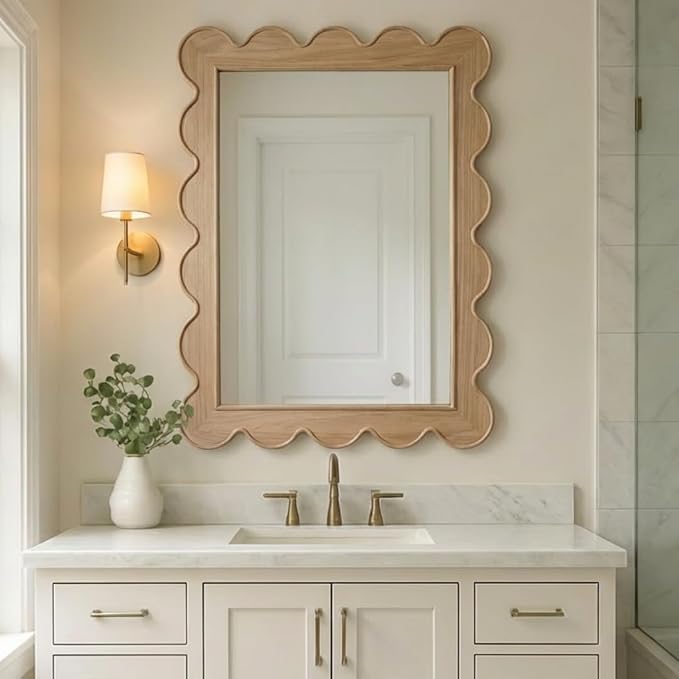 CAALMA Scalloped Wall Mirror 24 x 36 Rectangular, Bathroom Mirror, Mirrors for wall Decor, Wooden Frame Mirrors for wall, Decorative Vanity Mirror, Nursery Decor, Entryway Mirror, Wall Mounted Mirror