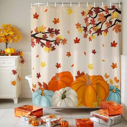 Shower Curtain Bathroom Set Fall Thanksgiving Pumpkin Maple Leaf Waterproof Shower Curtains with Grommets Hooks Orange Gradient Privacy Bath Curtain for Bathtub Decor 72x78in
