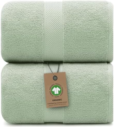 Alusa Home 100% Organic Luxury Bath Sheets - GOTS Certified - Extra Large 35x70 Inches (Pack of 2) Zero-Twist, Long-Staple Cotton Bath Sheet Set (Eucalyptus Green)