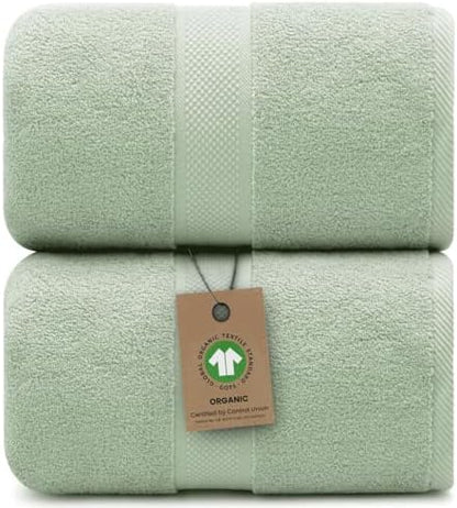 Alusa Home 100% Organic Luxury Bath Sheets - GOTS Certified - Extra Large 35x70 Inches (Pack of 2) Zero-Twist, Long-Staple Cotton Bath Sheet Set (Eucalyptus Green)