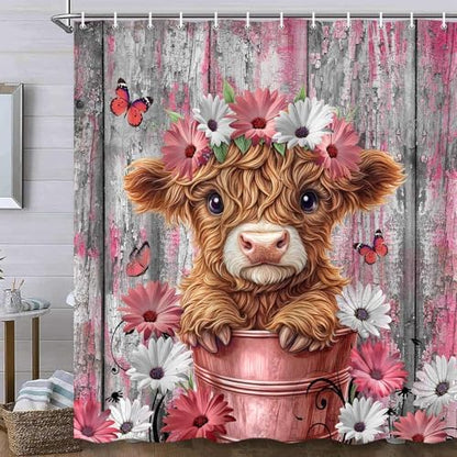 Funny Highland Cow Daisy Flower Shower Curtain, Rustic Wooden Barn Door Farm Animal Shower Curtain Set Farmhouse Western Bath Curtain Modern Cattle Bull Bathroom Accessories Home Decor 47X64in