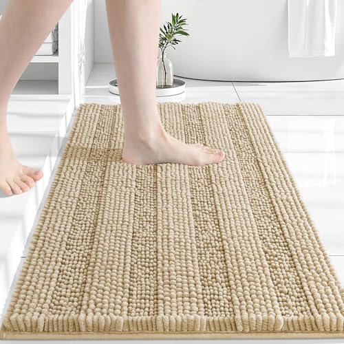Grandaily Chenille Striped Bathroom Rugs 30x20, Extra Thick and Absorbent Bath Mats, Non-Slip Soft Plush Shaggy Shower Carpet, Machine Wash Dry, Bath Rug for Bathroom, (Medium, Beige)