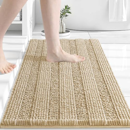 Grandaily Chenille Striped Bathroom Rugs 30x20, Extra Thick and Absorbent Bath Mats, Non-Slip Soft Plush Shaggy Shower Carpet, Machine Wash Dry, Bath Rug for Bathroom, (Medium, Beige)