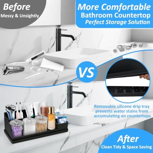 Bathroom Counter Organizer, Large Black Silicone Toothbrush Holders for Bathrooms Organizer Countertop with 3PCS Qtip Holder, Toothbrush and Toothpaste Holder for Bathroom Organization Storage Vanity