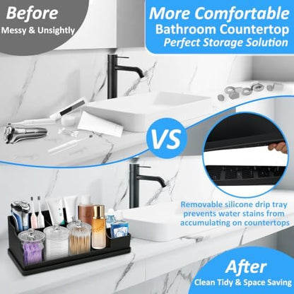 Bathroom Counter Organizer, Large Black Silicone Toothbrush Holders for Bathrooms Organizer Countertop with 3PCS Qtip Holder, Toothbrush and Toothpaste Holder for Bathroom Organization Storage Vanity
