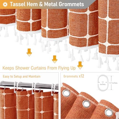 BTTN 72x78 Boho Farmhouse Linen Heavy Duty Shower Curtain Set, Burnt Orange