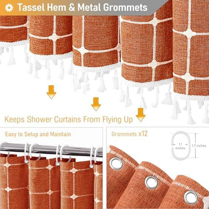 BTTN 72x78 Boho Farmhouse Linen Heavy Duty Shower Curtain Set, Burnt Orange