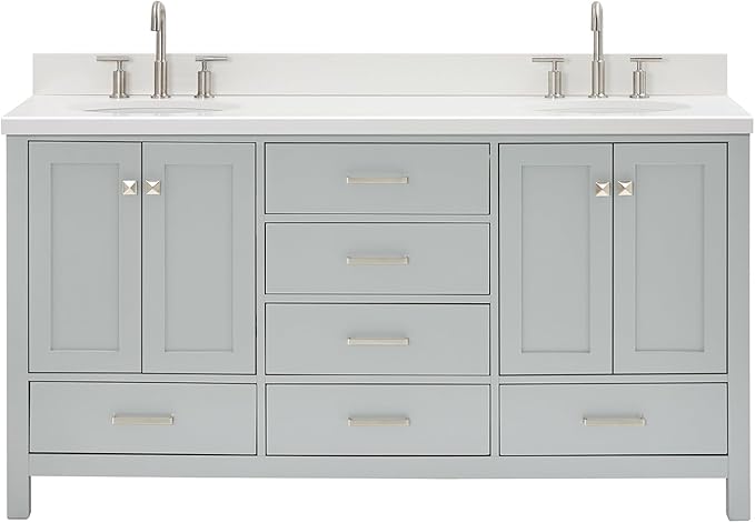 ARIEL Cambridge 66-inch Bathroom Vanity with Sink,Solid Wood, 1.5-inch Pure White Quartz Countertop & Backsplash, Double Oval Porcelain Sink, 4 Soft Closing Doors, 6 Dovetail Drawers, Grey