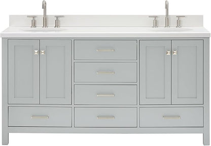 ARIEL Cambridge 66-inch Bathroom Vanity with Sink,Solid Wood, 1.5-inch Pure White Quartz Countertop & Backsplash, Double Oval Porcelain Sink, 4 Soft Closing Doors, 6 Dovetail Drawers, Grey