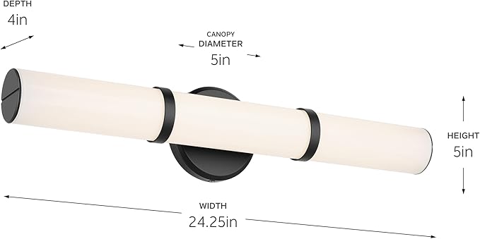 Kichler Rosh 24.25" LED Medium Bath Bar with White Glass in Black, Modern Minimalist, for Vanity, Fireplace, Buffet, Hallway, Vanity Mirror, (24.25" W x 5" H), 55188BKLED