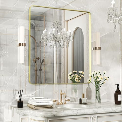 Fun Memories Wall Mirror for Bathroom,32x36 Inch Glod Bathroom Mirror, Rectangular Wall Mounted Decorativ, Rounded Corner, Aluminum Alloy Frame, Farmhouse, Hangs Horizontal or Vertical