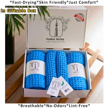 PÜSKÜL Natural 100% Turkish Cotton Waffle Towels Set of 4-Piece, Aqua Blue