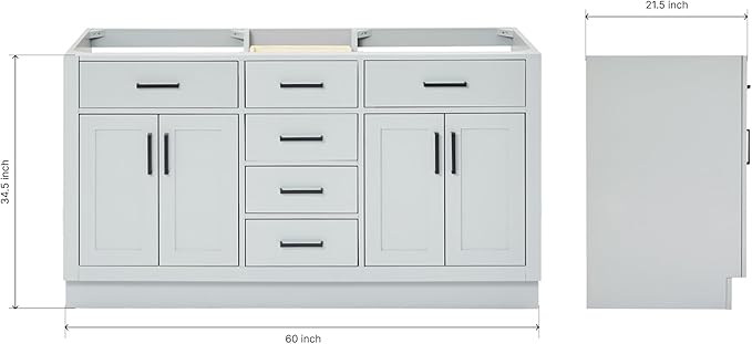 ARIEL Hepburn 60-inch Bathroom Vanity Base Cabinet,Solid Wood, 4 Soft Closing Doors, 6 Dovetail Drawers, Grey