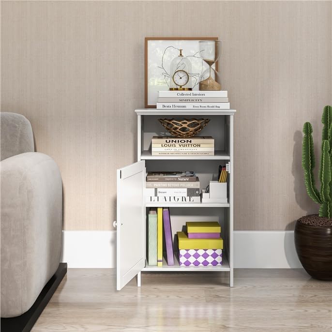 LDAILY Bathroom Cabinet, Freestanding Small Cabinet with Door, 3-Position Adjustable and Removable Shelf, Anti-Tipping Device, Wooden Floor Organizer for Bathroom, Kitchen, Office (White)