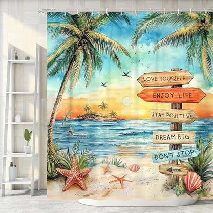 Beach Shower Curtain for Bathroom,Tropical Palm Tree Coastal Nautical Ocean Quotes Inspirational, Sunset Scenery Shower Curtain Set with Hooks,60Wx70H