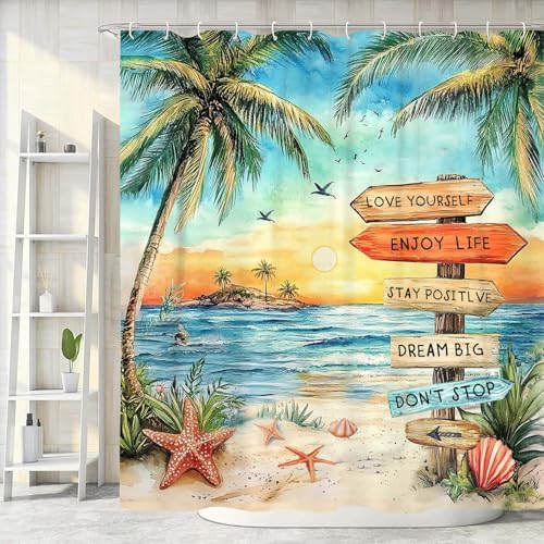 Beach Shower Curtain for Bathroom,Tropical Palm Tree Coastal Nautical Ocean Quotes Inspirational, Sunset Scenery Shower Curtain Set with Hooks,72Wx72H