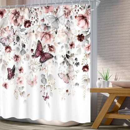 Grey Pink Floral Butterfly Spring Summer Bathroom Shower Curtain Set