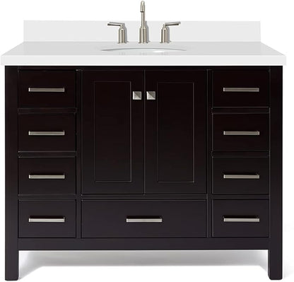 ARIEL Cambridge 42-inch Bathroom Vanity with Sink,Solid Wood, 1.5-inch Pure White Quartz Countertop & Backsplash, Single Oval Porcelain Sink, 2 Soft Closing Doors, 9 Dovetail Drawers, Espresso
