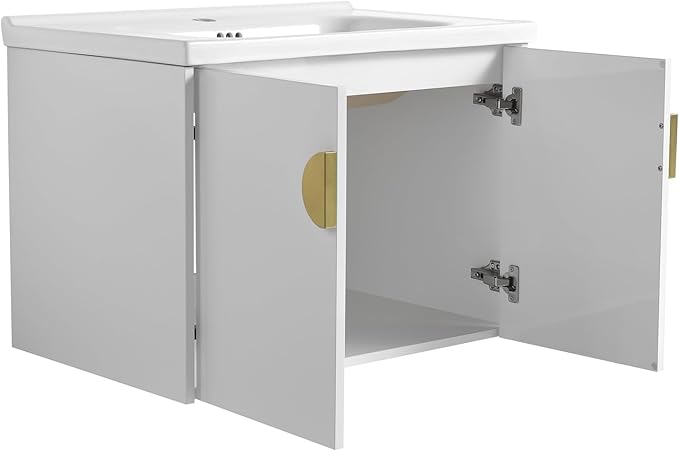 28inch Wall Mount Bathroom Vanity w/Sink Combo for Small Space, Modern Ceramic Countertop Double Door Cabinet, Floating White Vanity Set w/Gold Handle