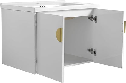 28inch Wall Mount Bathroom Vanity w/Sink Combo for Small Space, Modern Ceramic Countertop Double Door Cabinet, Floating White Vanity Set w/Gold Handle