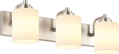 SOLFART Modern Brushed Nickel 3 Light Vanity Sconces for Bathroom, Milky Glass Globe Bathroom Light Fixtures, 3 Lights Over Mirror Wall Mount Lighting (Bulbs Not Included)