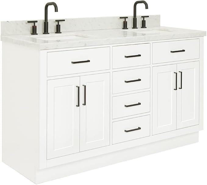 ARIEL Hepburn 60-inch Bathroom Vanity with Sink,Solid Wood, 1.5-inch Italian Carrara Marble Countertop, Double Rectangular Porcelain Sink, 4 Soft Closing Doors, 6 Dovetail Drawers, White