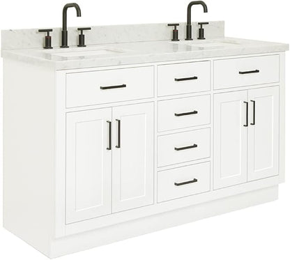 ARIEL Hepburn 60-inch Bathroom Vanity with Sink,Solid Wood, 1.5-inch Italian Carrara Marble Countertop, Double Rectangular Porcelain Sink, 4 Soft Closing Doors, 6 Dovetail Drawers, White